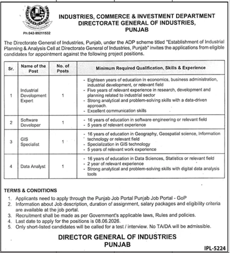 Directorate General of Industries Punjab Jobs