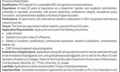 Higher & Technical Education Department Quetta Jobs 2026
