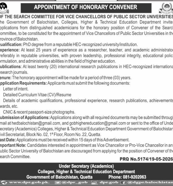Higher & Technical Education Department Quetta Jobs 2026
