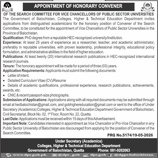Higher & Technical Education Department Quetta Jobs 2026