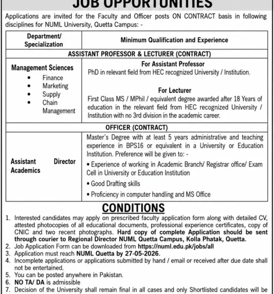 NUML University Quetta Jobs 2026