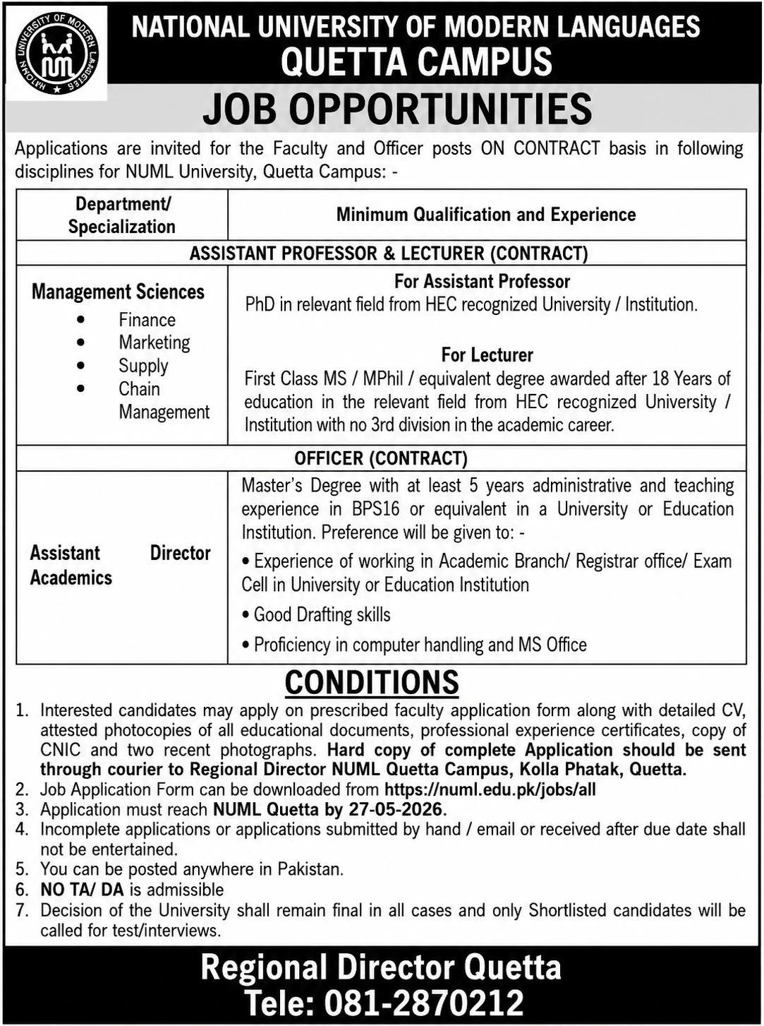 NUML University Quetta Jobs 2026