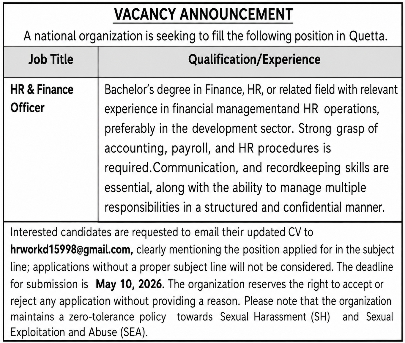 National Organization Quetta Jobs 2026