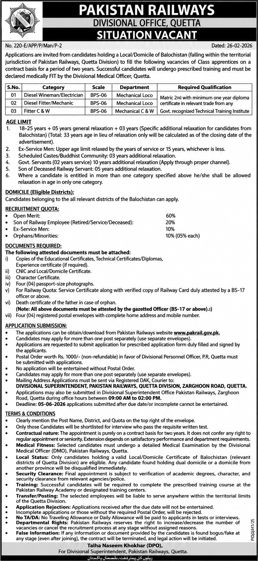 Pakistan Railways Jobs In Quetta 2026