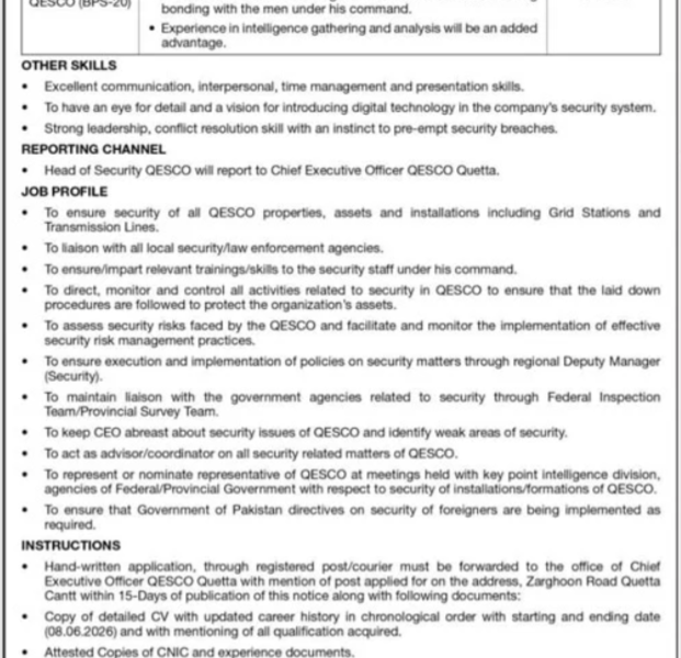Quetta Electric Supply Company QESCO Jobs 2026