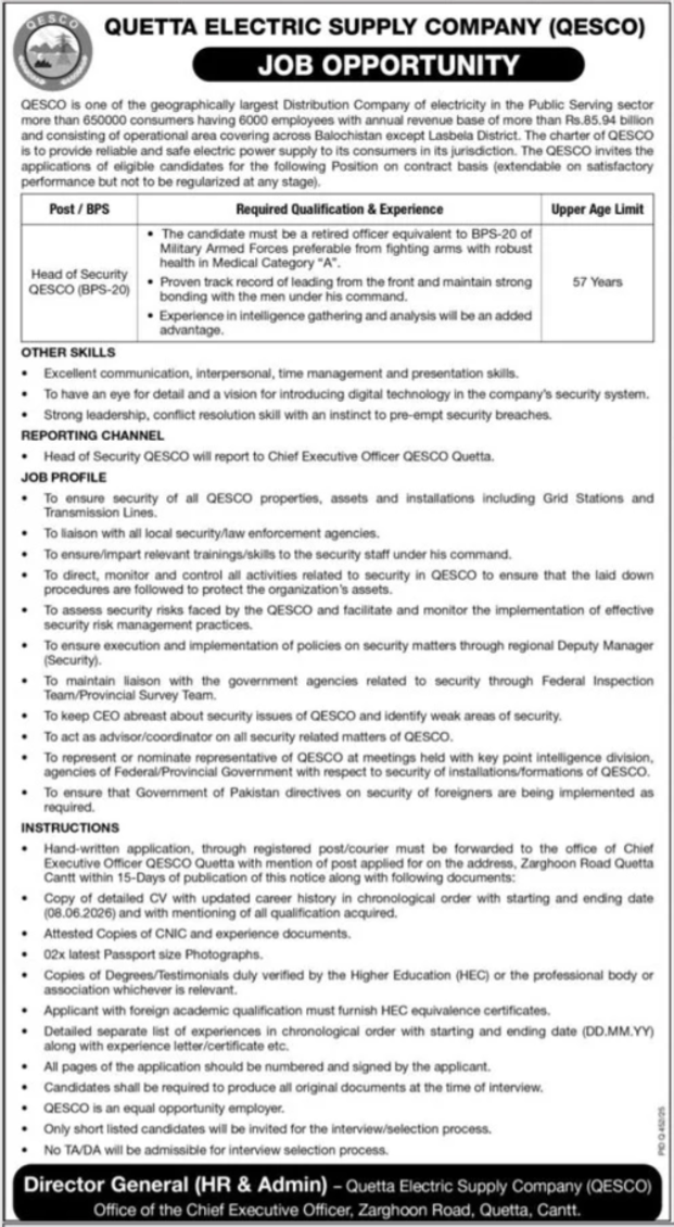 Quetta Electric Supply Company QESCO Jobs 2026